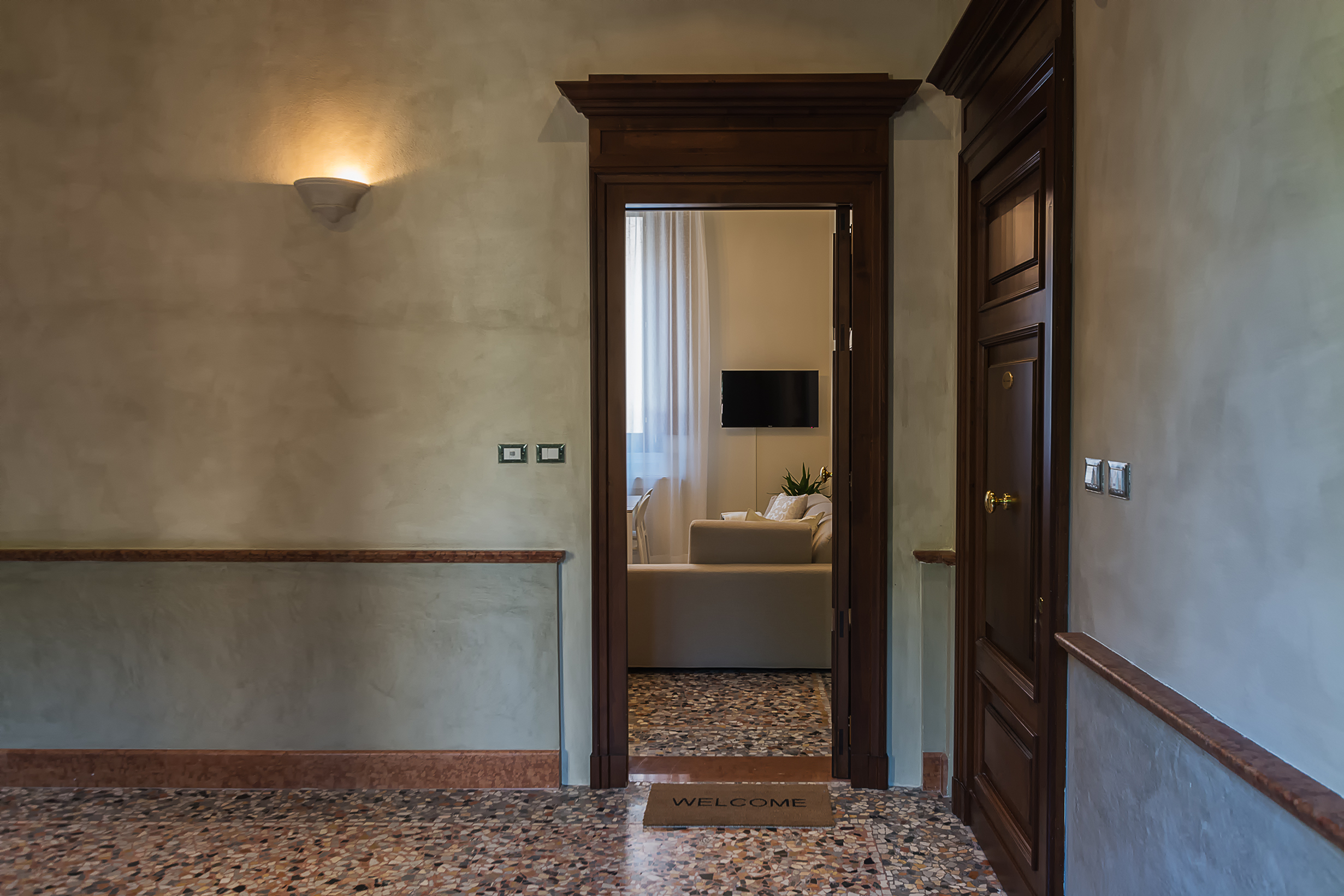 Internal view of the building; the front door