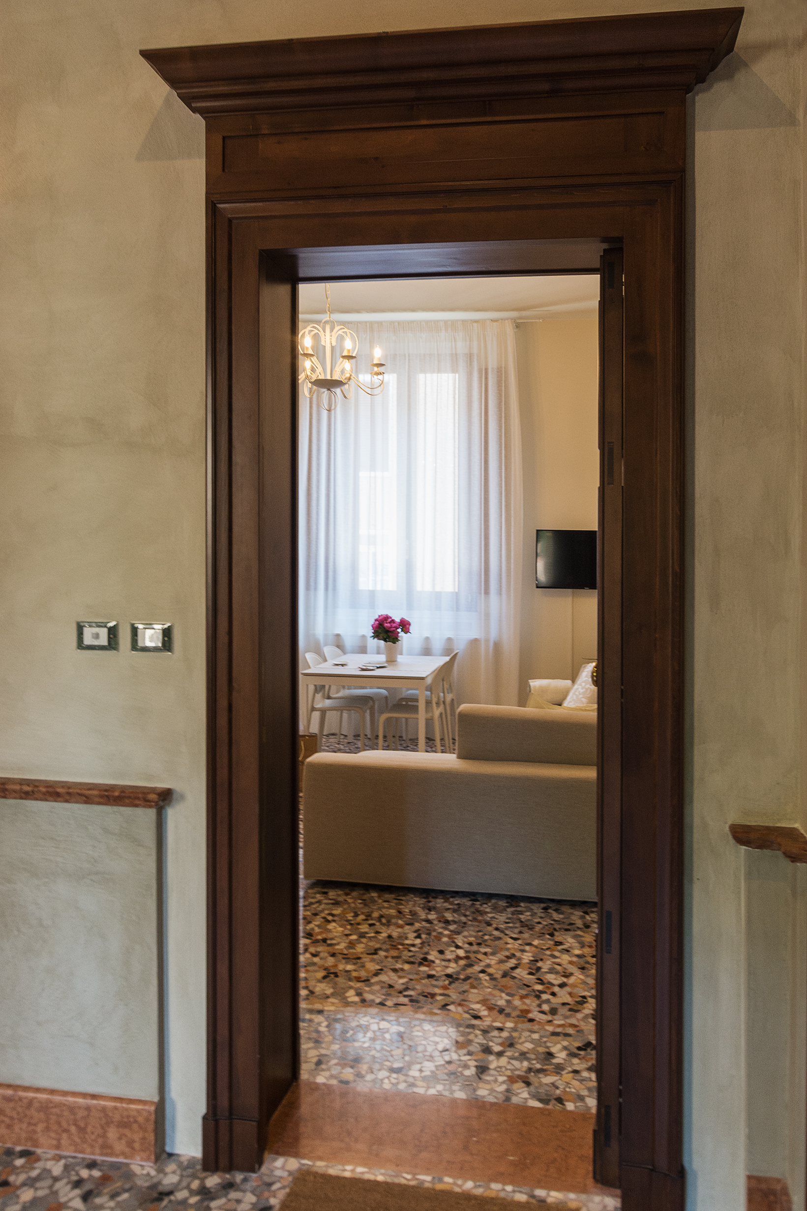 Internal view of the building; the front door